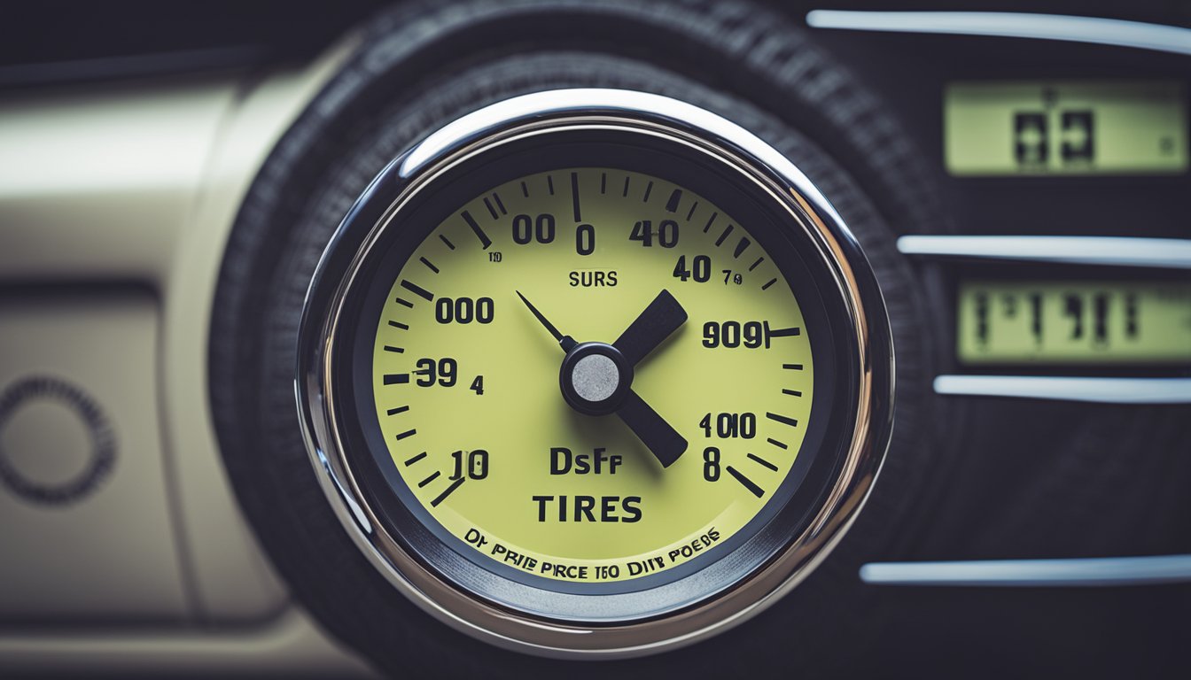 A tire gauge measures air pressure in a car tire. The recommended pressure is often found on a sticker inside the driver's side door jamb-best Air pressure for my tire
