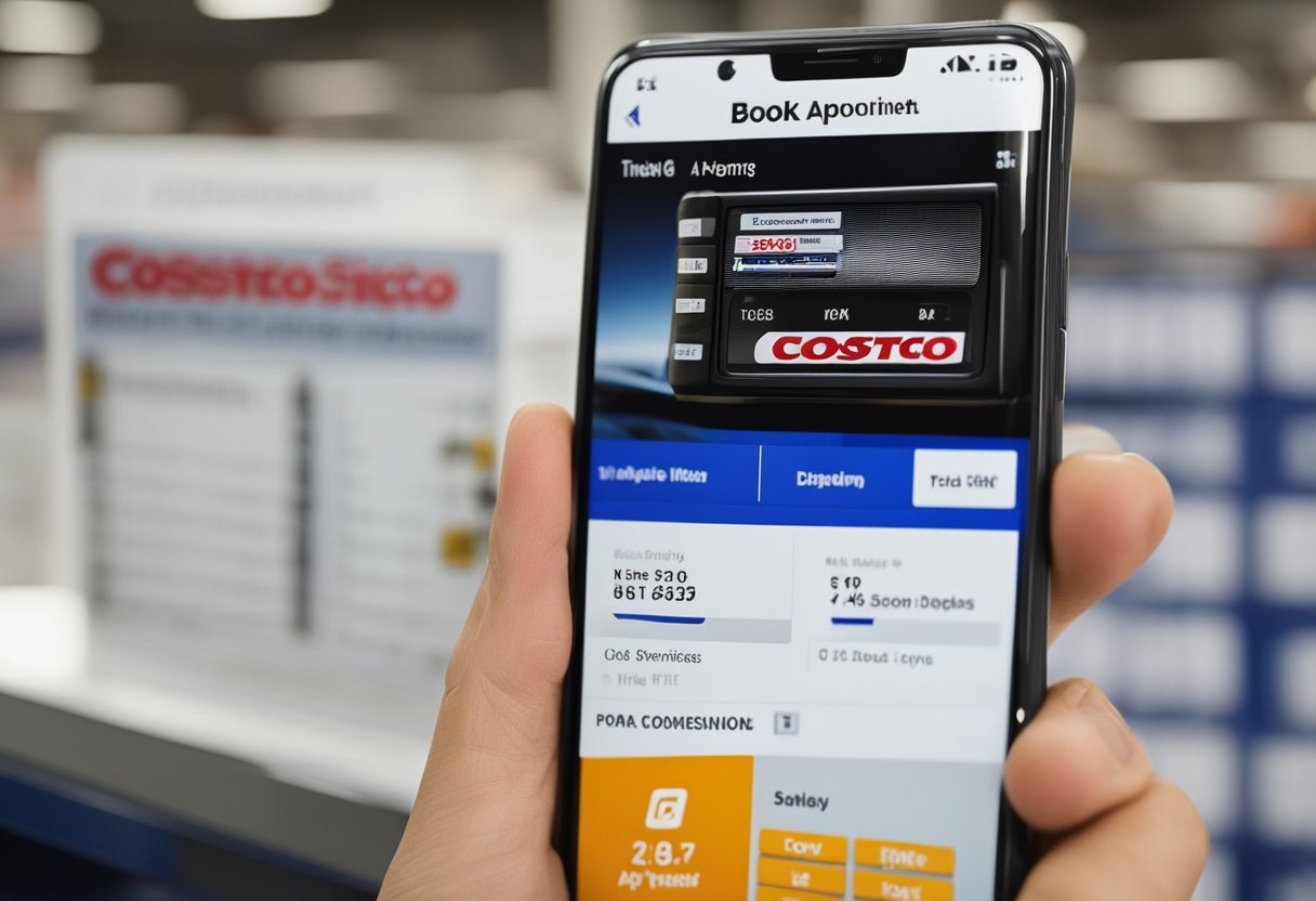 A customer's phone shows the Costco website, with a "Book Appointment" button for tire services. The screen displays available dates and times for scheduling