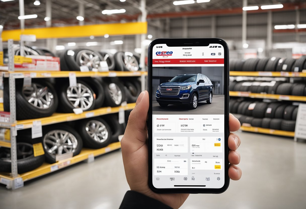 A customer uses a smartphone to visit the Costco website, navigates to the tire department, selects a date and time for the appointment, and completes the booking process with a few simple clicks