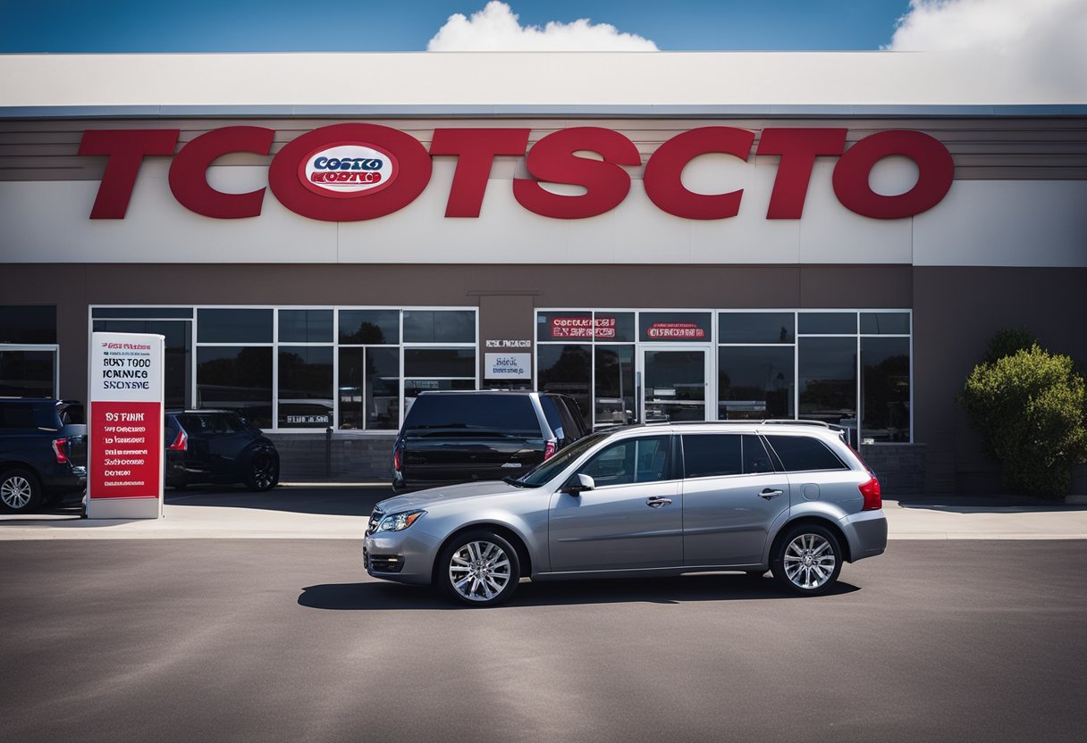 A customer's car parked outside a Costco tire center with a sign displaying "Tire Appointment Booking" and an online booking website on a mobile device