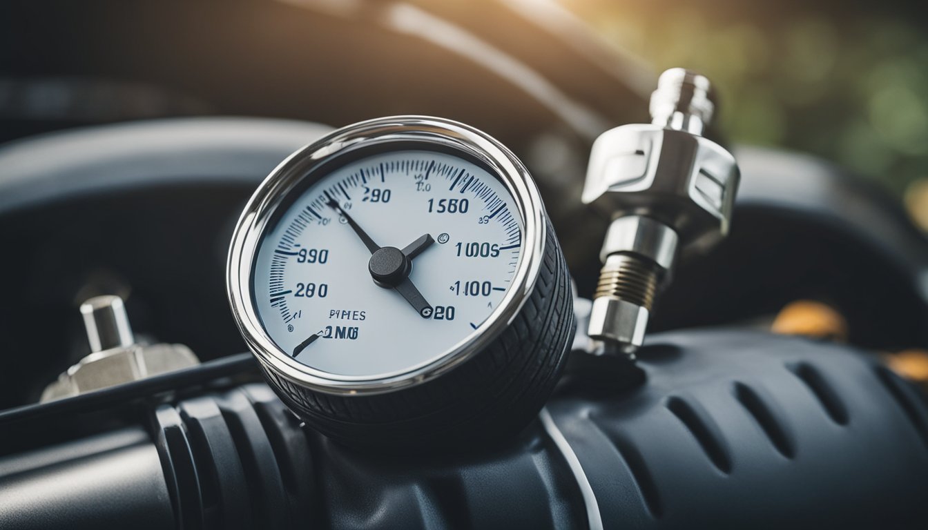 A tire gauge is pressed against a tire valve. The gauge displays the current tire pressure. A hand adjusts the air compressor nozzle to add or release air