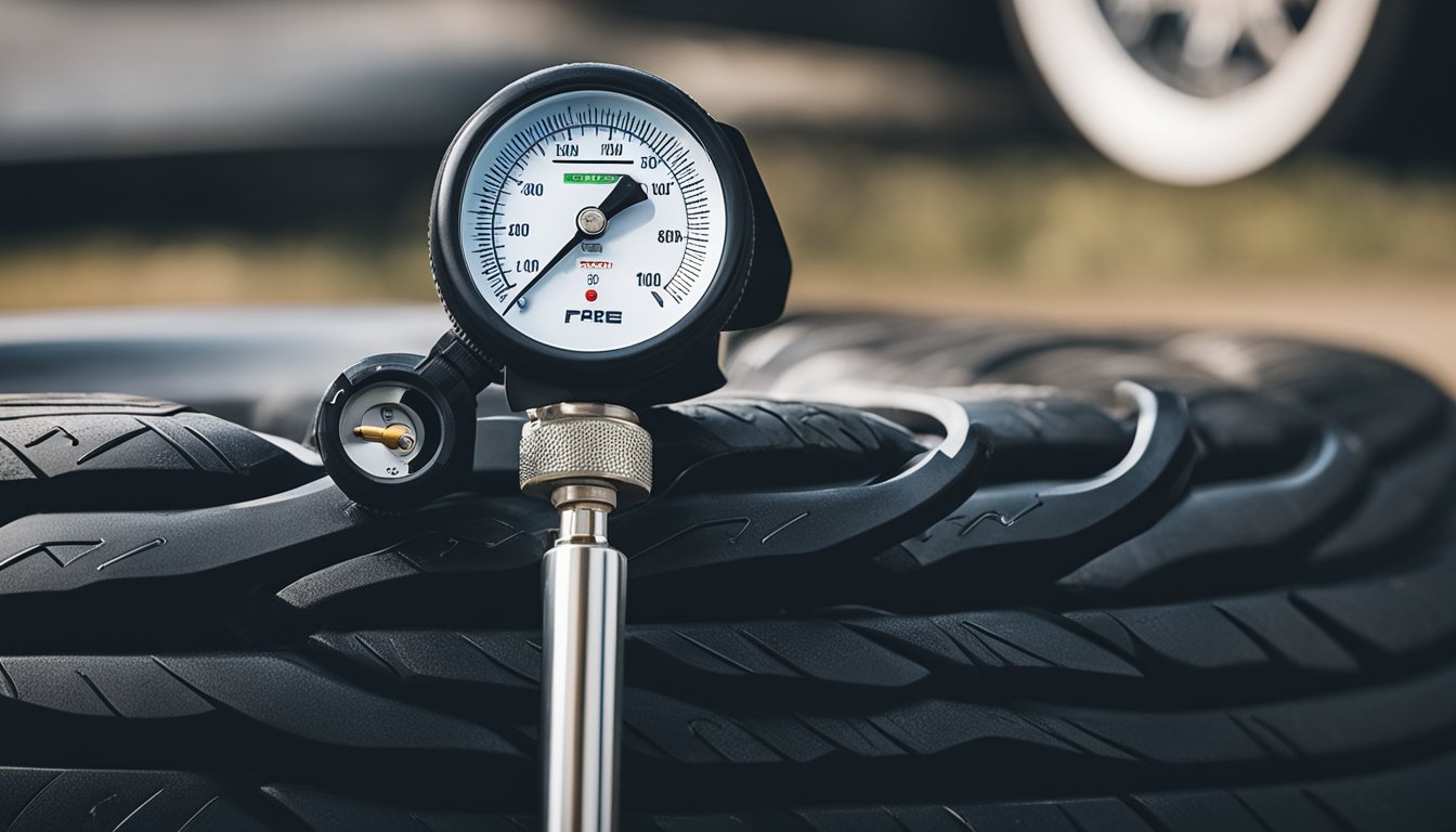 A tire gauge is being used to check the air pressure of a tire, with a pump nearby for adjustments