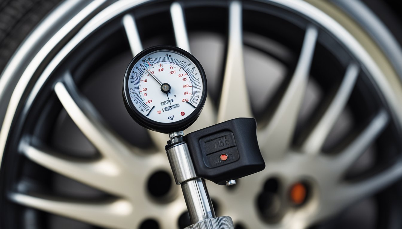 A tire gauge measuring air pressure on a tire valve stem