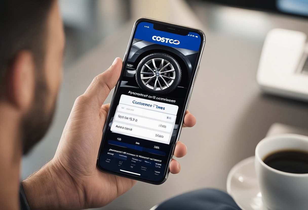 A customer using a smartphone to book a tire appointment online through Costco's website. The screen displays the available appointment times and allows the customer to select a convenient time slot